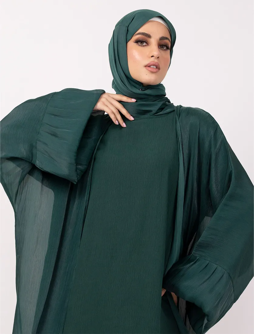 Bottle Green Open Organza Kaftan Set